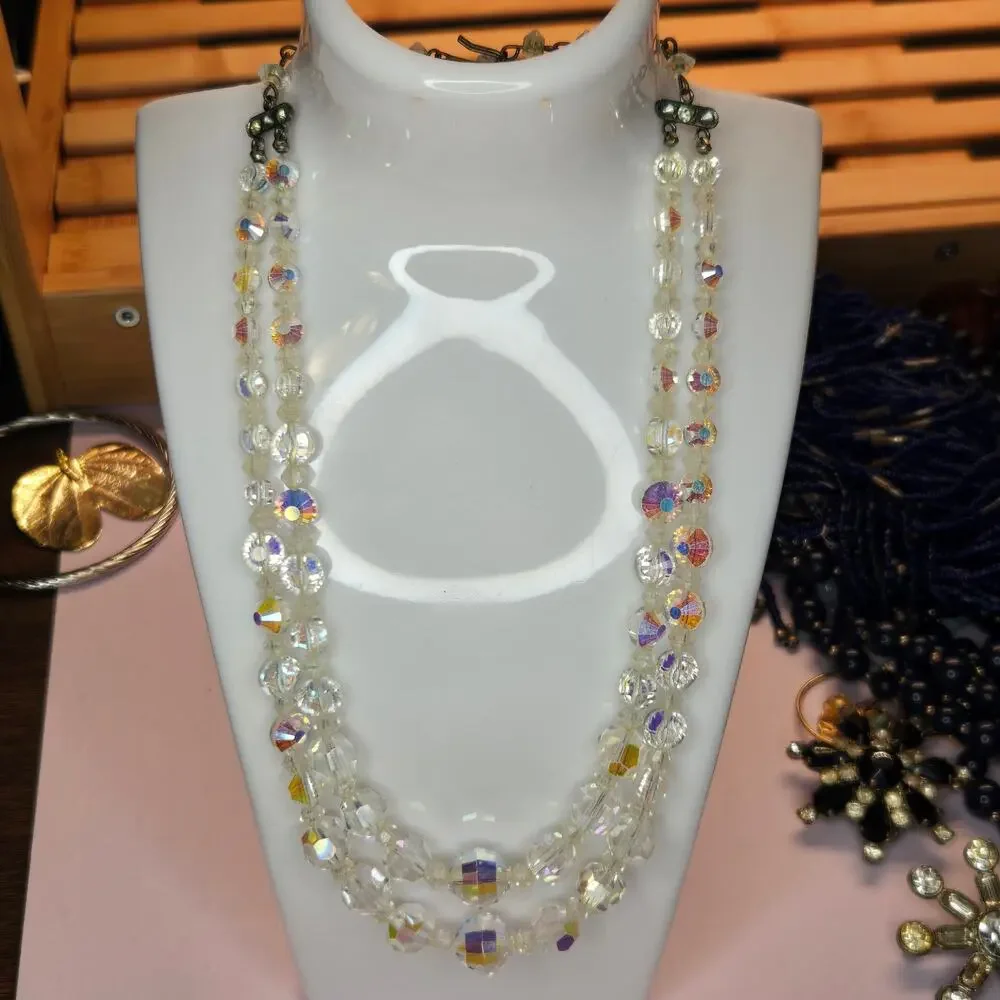 Vintage 1950s Aurora Borealis Crystal Double Strand Necklace Graduated Bead